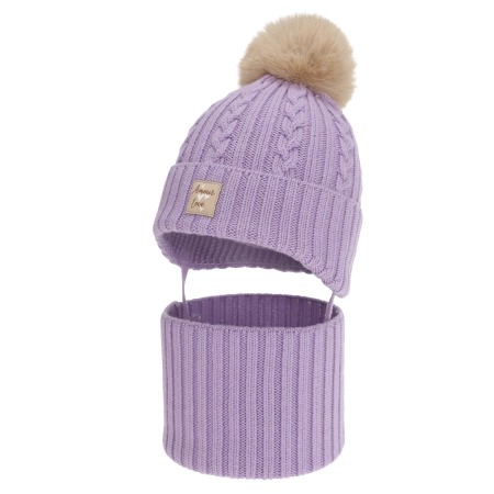 Czapka i komin dla dziewczynki, zimowy komplet, fioletowy, 100% wełniany merino, z pomponem Vratna-2
