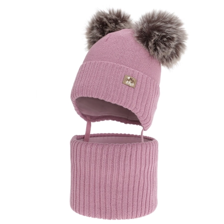 Czapka i komin dla dziewczynki zimowy komplet, podszyty polarem, fioletowy, z wełną merino, Palira-2