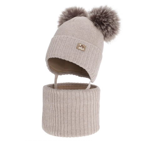 Czapka i komin dla dziewczynki zimowy komplet, podszyty polarem, beżowy, z wełną merino, Palira-2