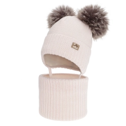 Czapka i komin dla dziewczynki zimowy komplet, podszyty polarem, jasnoróżowy, z wełną merino, Palira-1