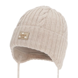 Czapka zimowa dla chłopca, beżowa, 100% wełniana merino, podszyta bawełną Lumaro-1