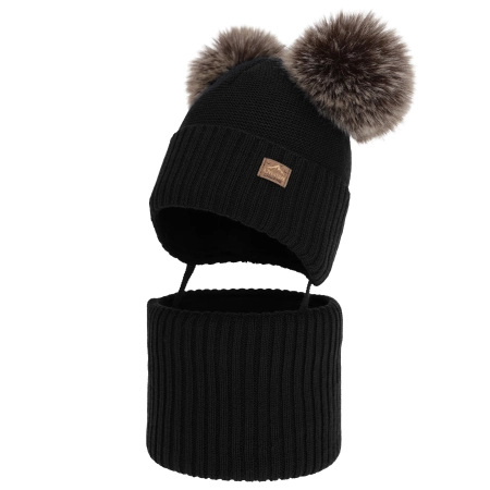 Czapka i komin dla chłopca zimowy komplet, czarny, z wełną merino, wiązany Palino-2