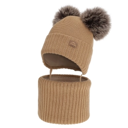 Czapka i komin dla chłopca zimowy komplet, camel, z wełną merino, wiązany Palino-1