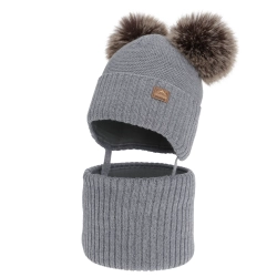 Czapka i komin dla chłopca zimowy komplet, jasnoszary, z wełną merino, wiązany Palino-1