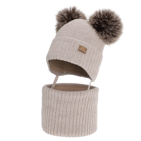 Czapka i komin dla chłopca zimowy komplet, beżowy, z wełną merino, wiązany Palino-2