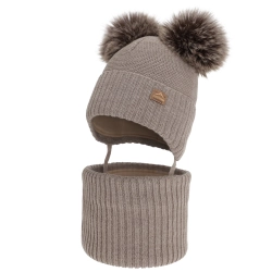 Czapka i komin dla chłopca zimowy komplet, ciemnobeżowy, z wełną merino, wiązany Palino-1