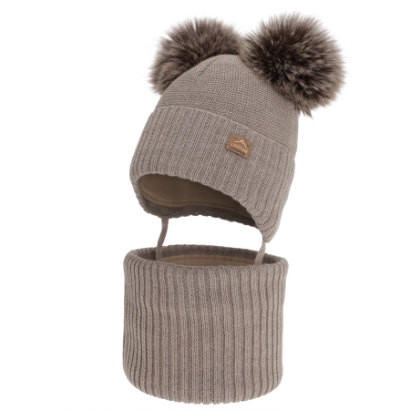 Czapka i komin dla chłopca zimowy komplet, ciemnobeżowy, z wełną merino, wiązany Palino-1