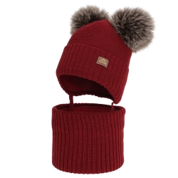 Czapka i komin dla chłopca zimowy komplet, bordowy, z wełną merino, wiązany Palino-1