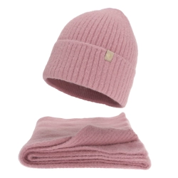 Czapka i szalik damski, zimowy komplet, z wełną merino, różowy Felora-1