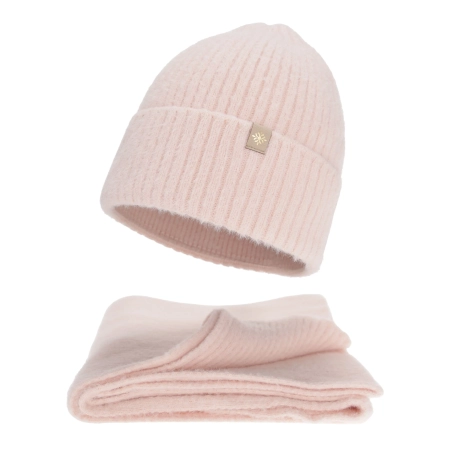Czapka i szalik damski, zimowy komplet, z wełną merino, różowy Felora-2