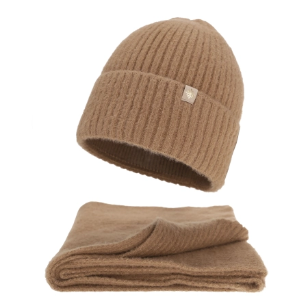 Czapka i szalik damski, zimowy komplet, z wełną merino, camel Felora-1
