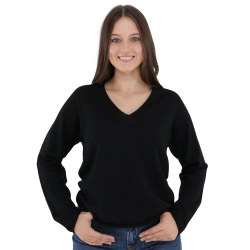 Sweter damski w serek, czarny, 100% wełniany merino Merila-1