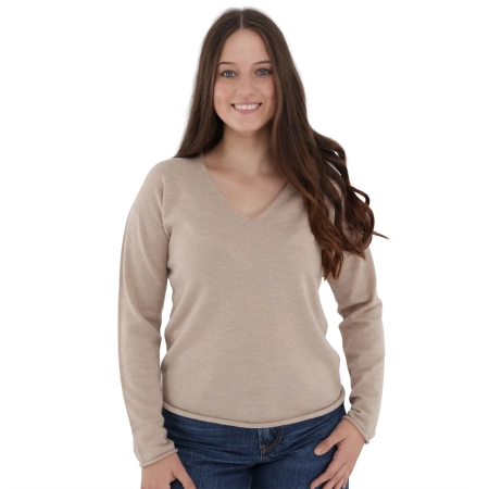 Sweter damski w serek, beżowy, 100% wełniana merino Merila-3