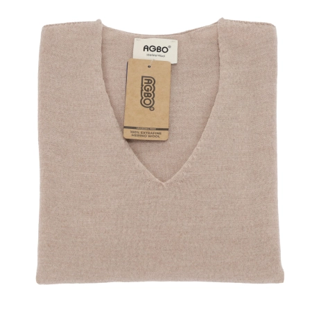 Sweter damski w serek, beżowy, 100% wełniana merino Merila-4