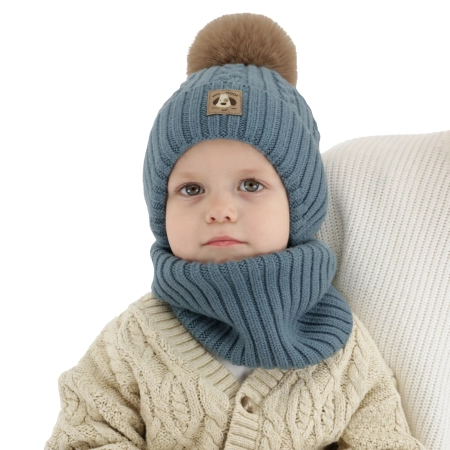 Czapka i komin dla chłopca, zimowy komplet, niebieski, 100% wełniany merino, podszyty bawełną, wiązany Virano-1