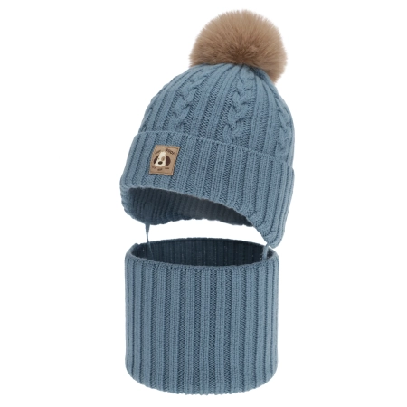Czapka i komin dla chłopca, zimowy komplet, niebieski, 100% wełniany merino, podszyty bawełną, wiązany Virano-2