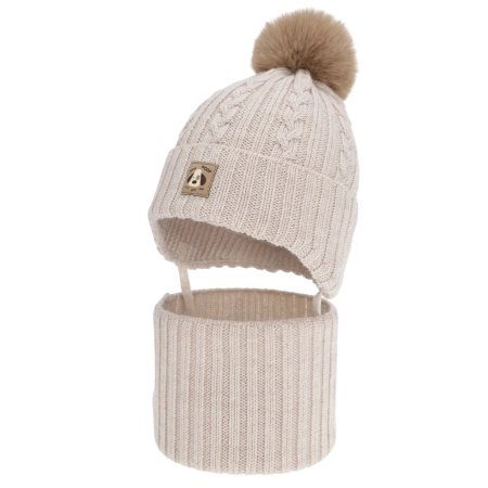 Czapka i komin dla chłopca, zimowy komplet, beżowy, 100% wełniany merino, podszyty bawełną, wiązany Virano-1