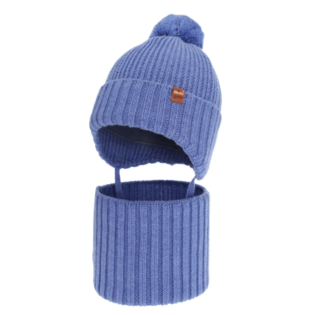 Czapka i komin dla chłopca zimowy komplet, niebieski, wiązany, 100% wełniany merino Kuvo-1