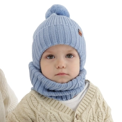 Czapka i komin dla chłopca zimowy komplet, błękitny, wiązany, 100% wełniany merino Kuvo-1