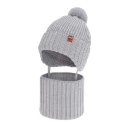 Czapka i komin dla chłopca zimowy komplet, szary, wiązany, 100% wełniany merino Kuvo-1