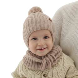 Czapka i komin dla chłopca zimowy komplet, beżowy, wiązany, 100% wełniany merino Kuvo-1