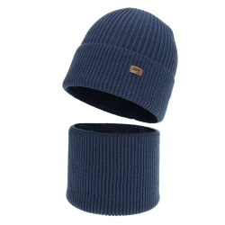Czapka i komin dla chłopca, zimowy komplet, 100% wełniany merino, ciemnoniebieski Loen-1