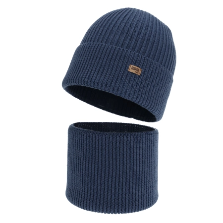 Czapka i komin dla chłopca, zimowy komplet, 100% wełniany merino, ciemnoniebieski Loen-1