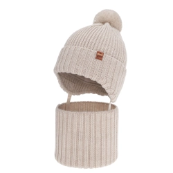Czapka i komin dla chłopca zimowy komplet, beżowy, wiązany, 100% wełniany merino Kuvo-1