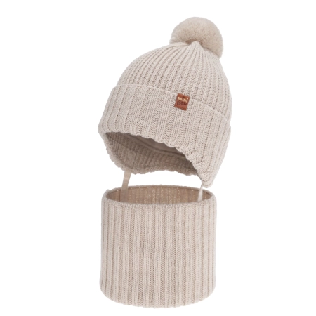 Czapka i komin dla chłopca zimowy komplet, beżowy, wiązany, 100% wełniany merino Kuvo-1
