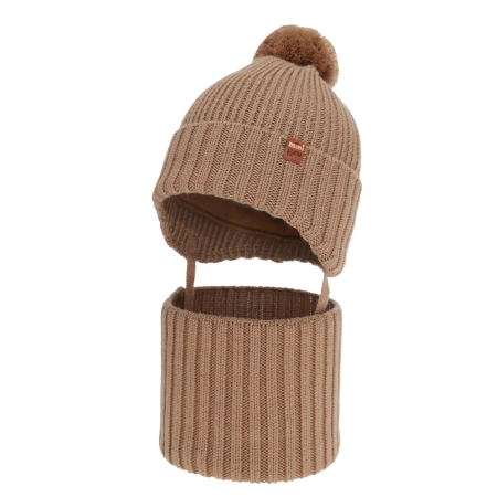 Czapka i komin dla chłopca zimowy komplet, camel, wiązany, 100% wełniany merino Kuvo-1