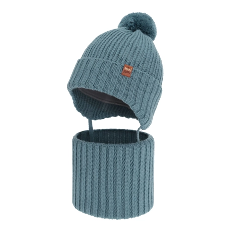 Czapka i komin dla chłopca zimowy komplet, niebieski, wiązany, 100% wełniany merino Kuvo-1