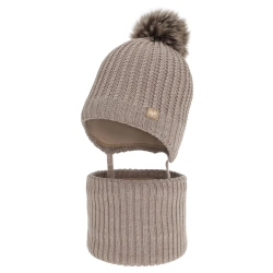 Czapka i komin dla chłopca, zimowy komplet, ciemnobeżowy, z wełną merino, Ziller-1