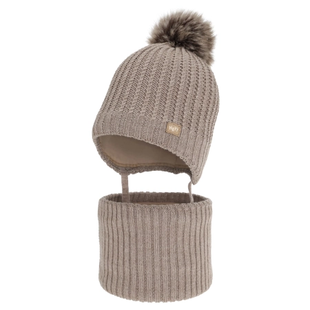 Czapka i komin dla chłopca, zimowy komplet, ciemnobeżowy, z wełną merino, Ziller-1