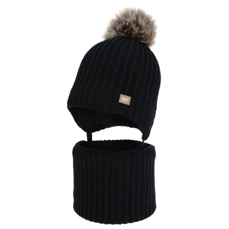 Czapka i komin dla chłopca, zimowy komplet, czarny, z wełną merino, Ziller-1