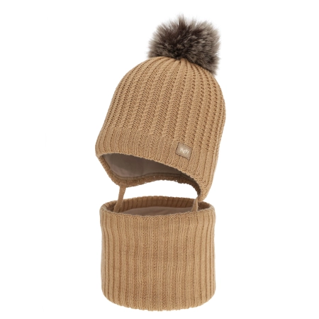 Czapka i komin dla chłopca, zimowy komplet, camel, z wełną merino, Ziller-1