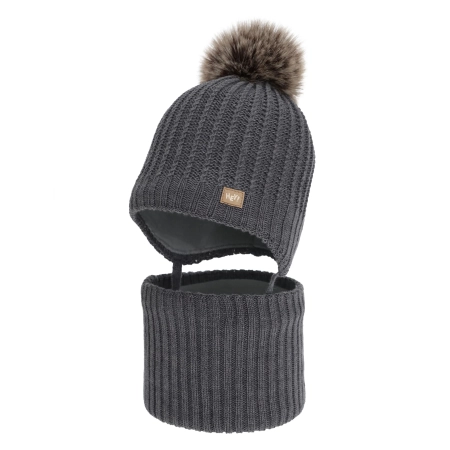 Czapka i komin dla chłopca, zimowy komplet, szary, z wełną merino, Ziller-1