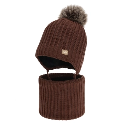 Czapka i komin dla chłopca, zimowy komplet, brązowy, z wełną merino, Ziller-1