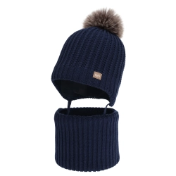 Czapka i komin dla chłopca, zimowy komplet, granatowy, z wełną merino, Ziller-1