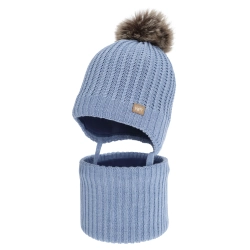 Czapka i komin dla chłopca, zimowy komplet, niebieski, z wełną merino, Ziller-1