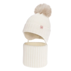 Czapka i komin dla dziewczynki, zimowy komplet, kremowy, 100% wełniany merino, z pomponem Kivora-1