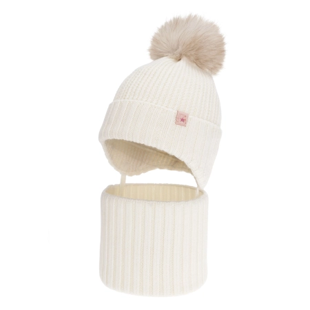 Czapka i komin dla dziewczynki, zimowy komplet, kremowy, 100% wełniany merino, z pomponem Kivora-1