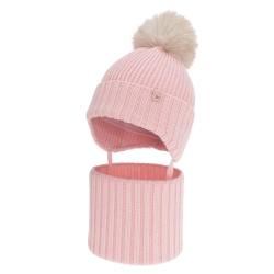 Czapka i komin dla dziewczynki, zimowy komplet, różowy 100% wełniany merino, z pomponem Kivora-1