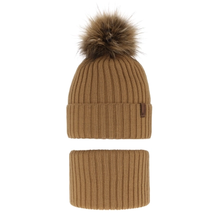 Czapka i komin dla chłopca zimowy komplet, camel, z pomponem Onyks-2