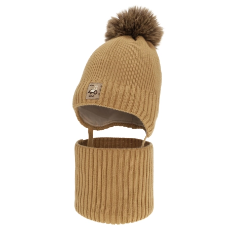 Czapka i komin dla chłopca, zimowy komplet, camel, z pomponem Auronis-2