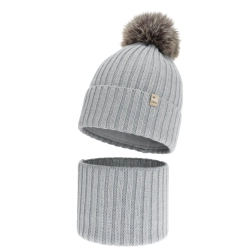 Czapka i komin dla dziewczynki zimowy komplet, 100% wełniany merino, podszyty bawełną, z pomponem, szary, Terida-1