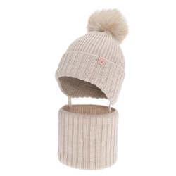 Czapka i komin dla dziewczynki, zimowy komplet, beżowy, 100% wełniany merino, z pomponem Kivora-1