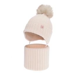 Czapka i komin dla dziewczynki, zimowy komplet, jasnoróżowy 100% wełniany merino, z pomponem Kivora-1