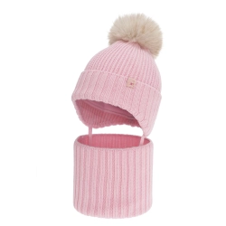Czapka i komin dla dziewczynki, zimowy komplet, różowy 100% wełniany merino, z pomponem Kivora-1