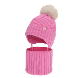 Czapka i komin dla dziewczynki, zimowy komplet, różowy 100% wełniany merino, z pomponem Kivora-1