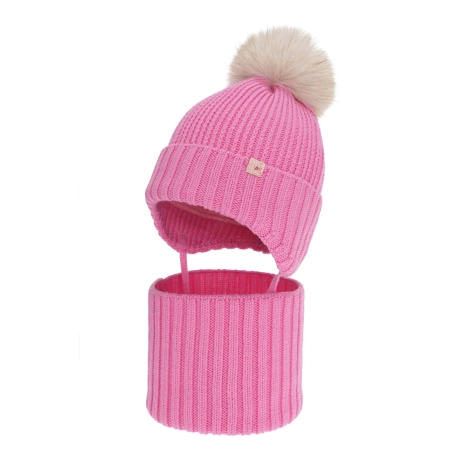 Czapka i komin dla dziewczynki, zimowy komplet, różowy 100% wełniany merino, z pomponem Kivora-1